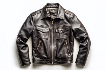Vintage Style Men's Black Leather Jacket, Isolated on White Background - Stock Photo