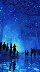 Silhouetted figures under luminous blue trees reflecting in water