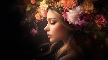 Fototapeta premium Beautiful Profile of a Woman Surrounded by Colorful Floral Arrangement