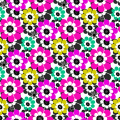 Colorful daisy flowers Pink Yellow Green Retro