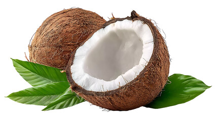 Coconut fruit cut in half isolated on transparent background.