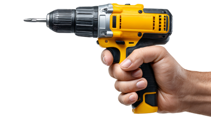 Mechanical hand holding electric drill isolated on transparent background.