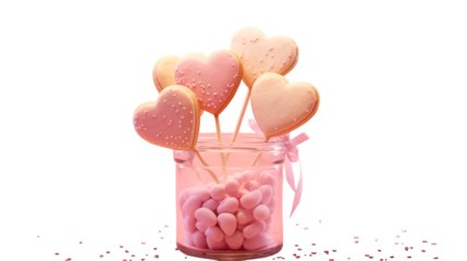 Heart shaped cookies on sticks in a jar filled with pink candies and a pink ribbon tied around it