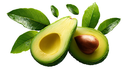 Flying in the air Whole and halved avocado with leaves isolated on transparent background.