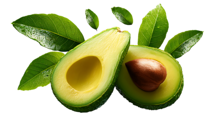 Flying in the air Whole and halved avocado with leaves isolated on transparent background.