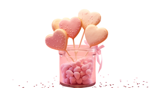 Heart shaped cookies on sticks in a jar filled with pink candies and a pink ribbon tied around it