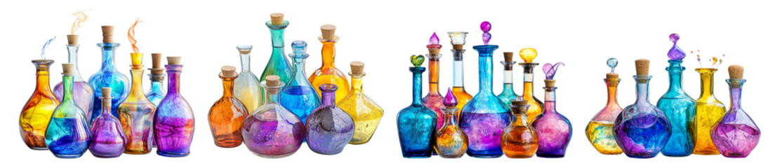 Colorful Glass Bottles with Colorful Liquids and Mysterious Potions
