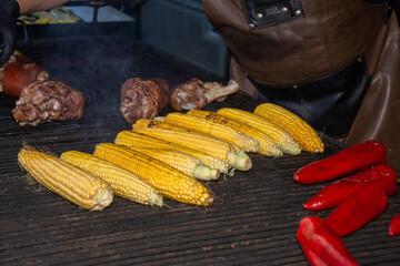 Grilled peppers, corn and pork