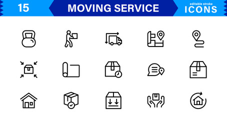 Fototapeta premium Vector Icon Set for Moving Services with Transportation, Packaging, and Storage Symbols Designed in Clean Line Style
