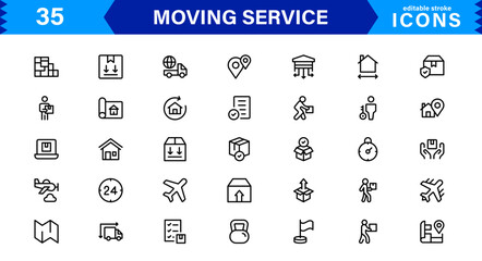 Vector Icon Set for Moving Services with Transportation, Packaging, and Storage Symbols Designed in Clean Line Style