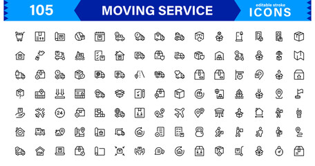 Vector Icon Set for Moving Services with Transportation, Packaging, and Storage Symbols Designed in Clean Line Style