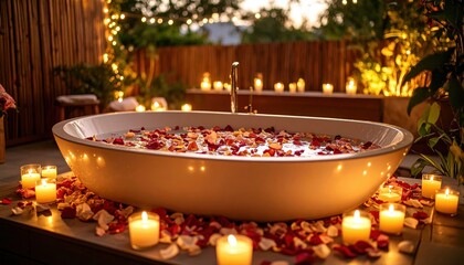 Outdoor Spa Tub With Rose Petals And Candles