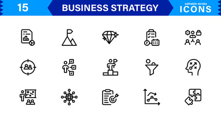Business Strategy Icon Set Representing Growth, Planning, Success, Analytics, and Leadership in a Clean, Professional, and Market-Ready Vector Style