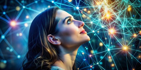 Woman Gazing Upward, Glowing Neural Network, Synaptogenesis, Neurocognitive Enhancement, Future of Intelligence