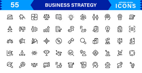 Business Strategy Icon Set Representing Growth, Planning, Success, Analytics, and Leadership in a Clean, Professional, and Market-Ready Vector Style