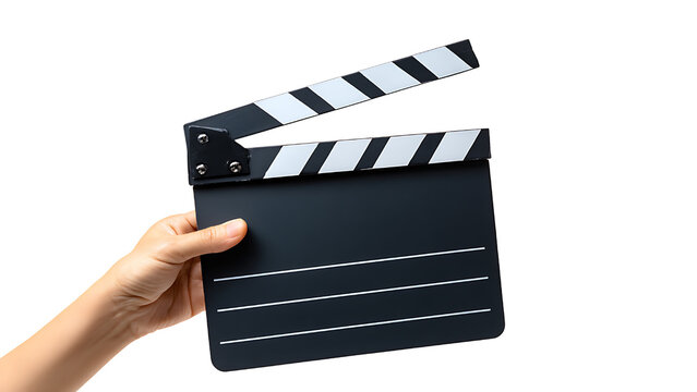 A hand holds a black and white striped clapper board.