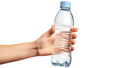 hand holding mineral water bottle, isolated on transparent background.