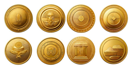 Gold Coins with Intricate Designs and Unique Symbols Collection, isolated on transparent background