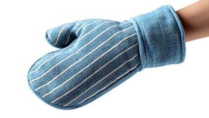 Blue oven mitt on hand. Isolated on transparent background.