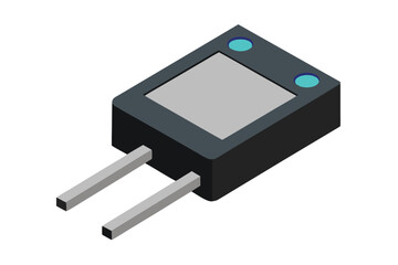 Isometric illustration of a black electronic component with two pins and blue indicator lights