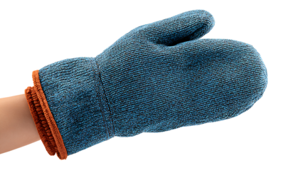 Blue oven mitt on hand. Isolated on transparent background.