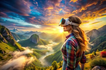 Woman in VR Headset, Immersive Landscape, Virtual Reality Exploration