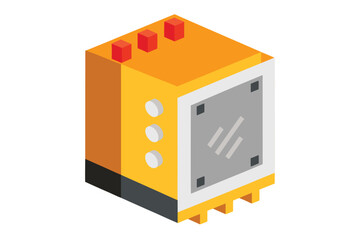 Isometric illustration of a yellow control panel with buttons and a screen