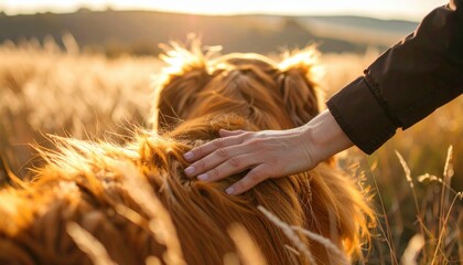 Golden Retriever Petting In Wheat Field
