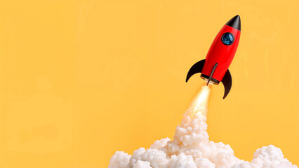 Red pencil rocket launching into space for back to school