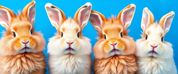 Four fluffy bunnies, expressive faces, playful pose, vibrant blue background,  animal,   pet animal