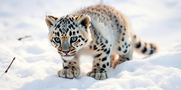 Fluffy snow leopard cub playfully stalks through pristine snow, bright eyes gleaming,  animal,   arctic - Powered by Adobe