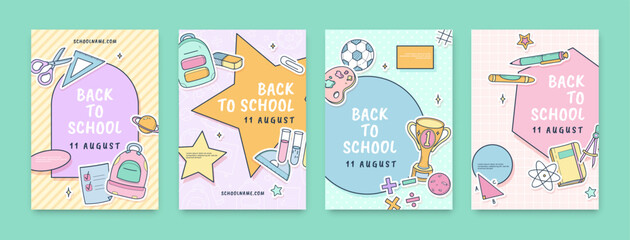 Back to School Poster with School Supplies line drawing clipart elements