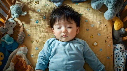 Peaceful Asian baby boy sleeping in a cozy crib surrounded by soft toys.