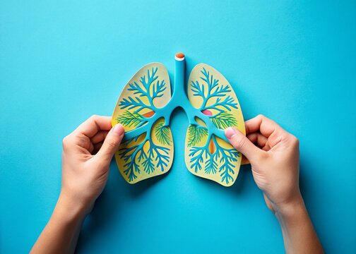 World Lungs Day: Person Holding Paper Lung Cutout - Blue Background, Copy Space