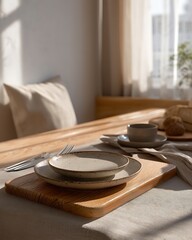 A table setting with ceramic plates, a cup, and bread on a wooden board, bathed in warm sunlight.