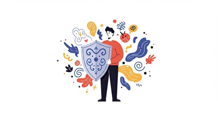 Man holding shield for security with abstract shapes for protection