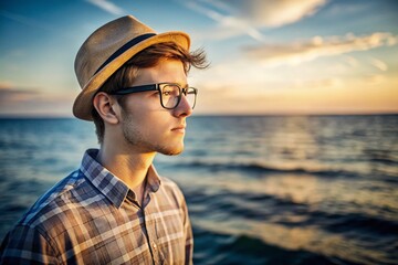 Young Man in Hat and Glasses by the Ocean - Seascape Portrait