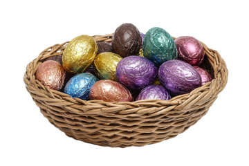 Colorful chocolate eggs in a wicker basket a delightful Easter treat