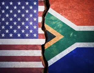 cracked floor with usa and south africa flag on each side