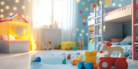 Bright Children’s Room Interior with Toys and Bunk Bed
