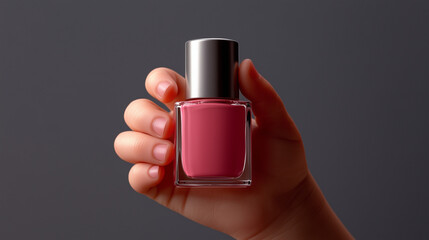 Kid hand holding vegan pink nail polish. Concept of beauty for teen, tween, cosplay, occasional party 