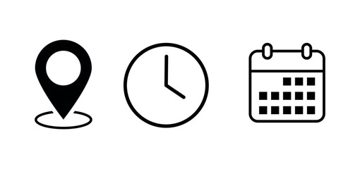 Location time calendar icons set for event planning, scheduled appointment reminders, dates, and place symbols, wedding schedule, clock, and map icons for events