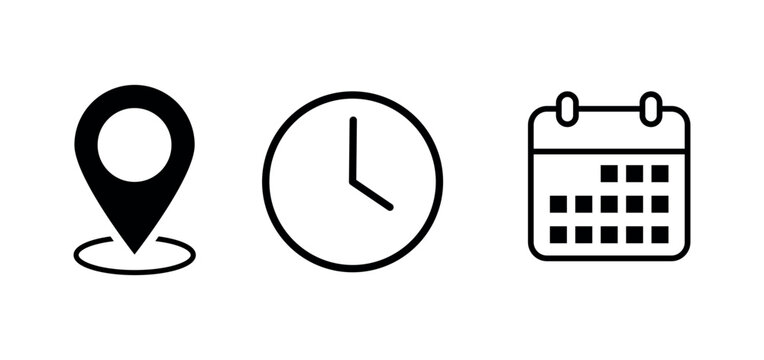 Location time calendar icons set for event planning, scheduled appointment reminders, dates, and place symbols, wedding schedule, clock, and map icons for events