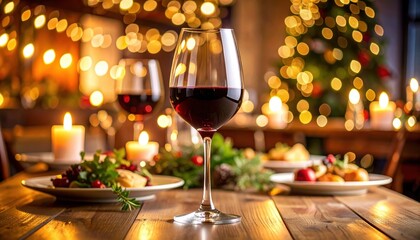 Festive Christmas Dinner Table Setting with Red Wine Glass and Candles