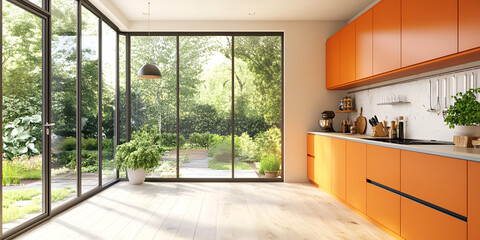 Modern Kitchen with Orange Cabinets and Garden View Through Glass Walls