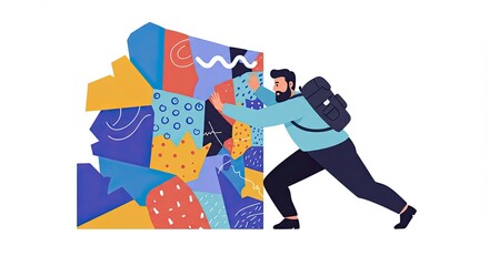Man with backpack pushes colorful abstract wall with determination graphic