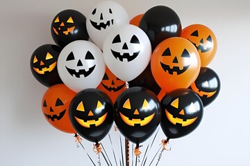Halloween Balloon Bouquet Top View with Jack-o'-Lantern Faces on White Background