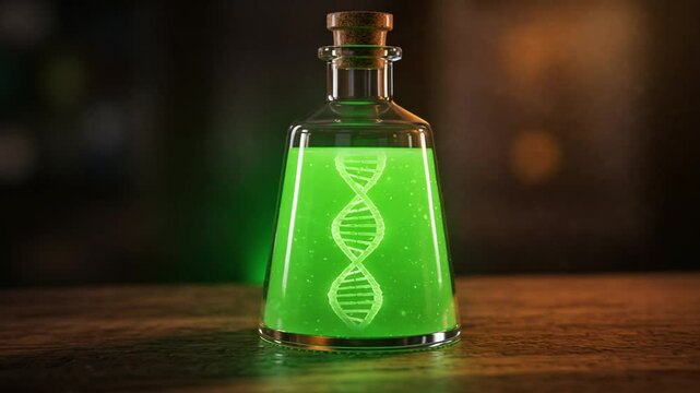 Green potion in glass flask with DNA design inside