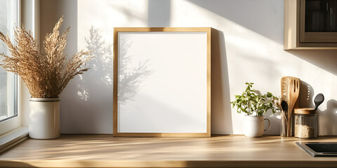 Minimalist Wooden Frame with Indoor Plants and Citrus Fruits in Sunlight

