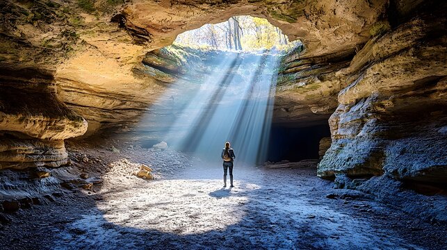 A lone traveler stands inside a cave, illuminated by sunbeams filtering through the opening.